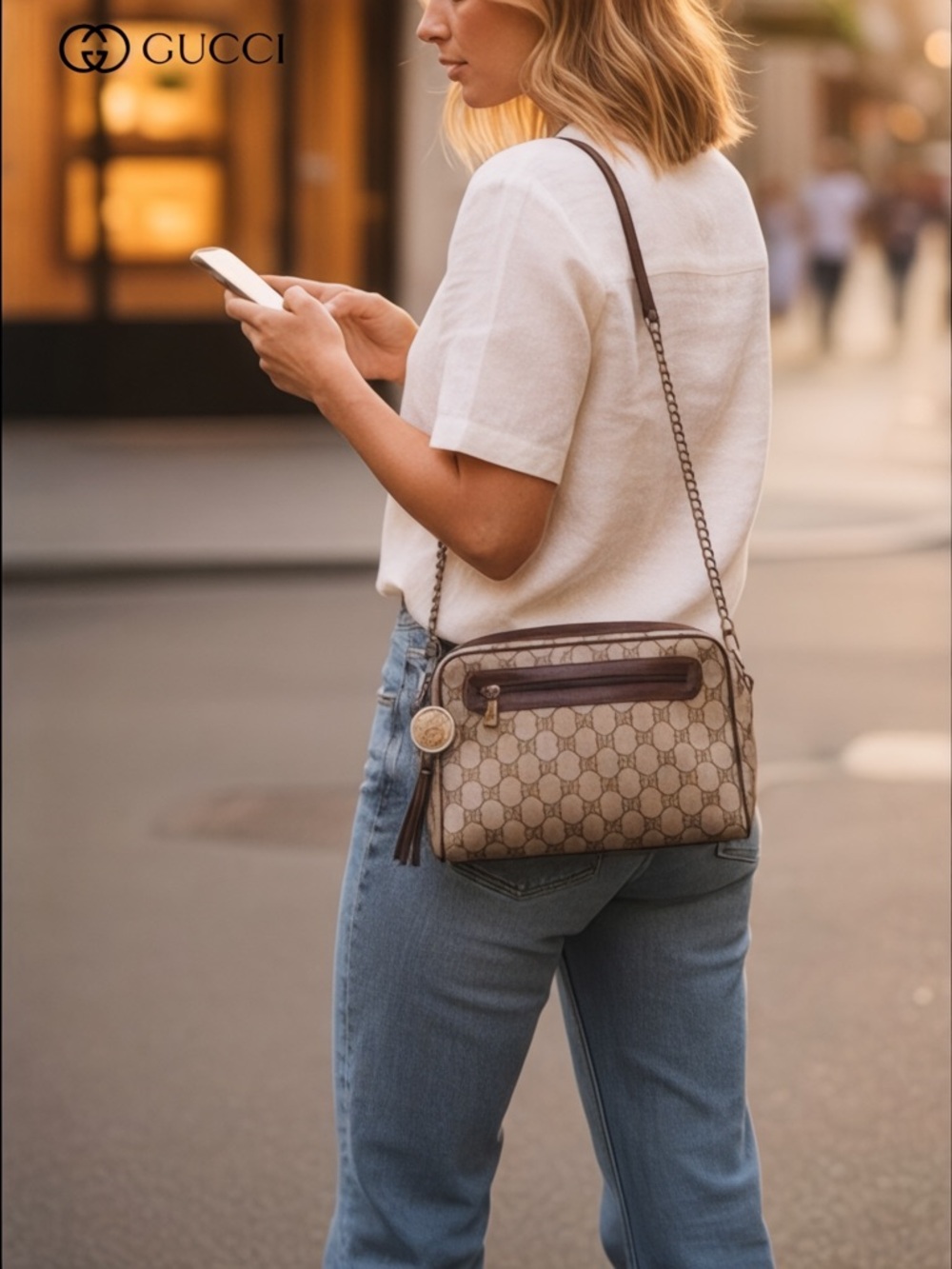 Authentic Gucci Beige and Brown GG Supreme Crossbody with Chain Strap & Charm. - Picture 3 of 11